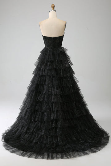 Glitter Sweetheart Corsetto nero Prom Dress con fessura